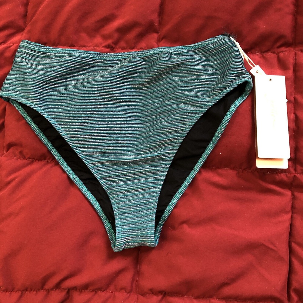 Gottex‎ Bikini Bottom Women's Size 14 Green Striped High-Waisted Ribbed Swim NWT